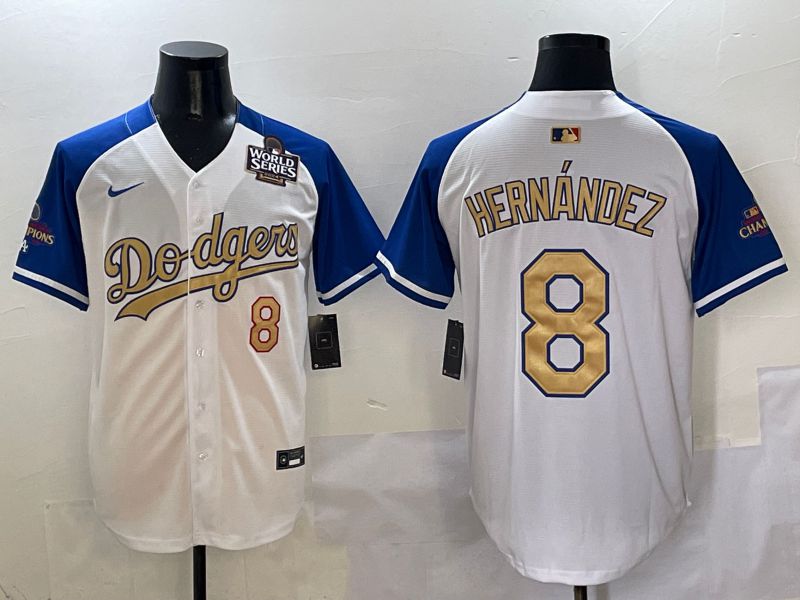 Men Los Angeles Dodgers 8 Hernandez White Blue Gold Game 2025 Nike MLB Jersey style 3